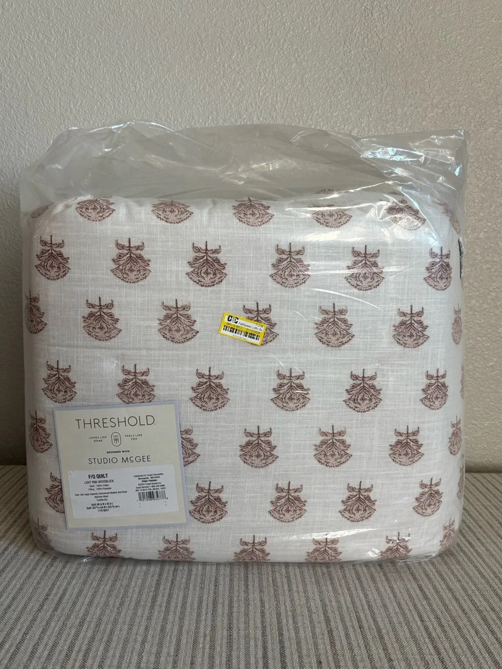 NWT Full/Queen Lofty Cotton Slub Woodblock Print Floral Quilt Off White/Mauve